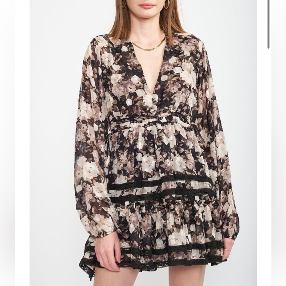 En Saison Babydoll Dress Rena Floral Print Boho Long sleeves Mini Chiffon 1X